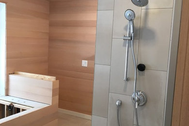 Diseño de cuarto de baño actual con baldosas y/o azulejos de porcelana y suelo de baldosas de porcelana