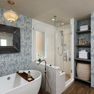 Contemporary Patterned Bathroom with Wood Look Tiles