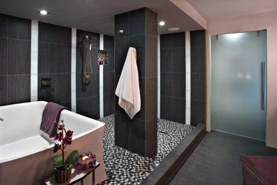 Example of a large trendy master multicolored tile and ceramic tile ceramic tile bathroom design in Phoenix with multicolored walls
