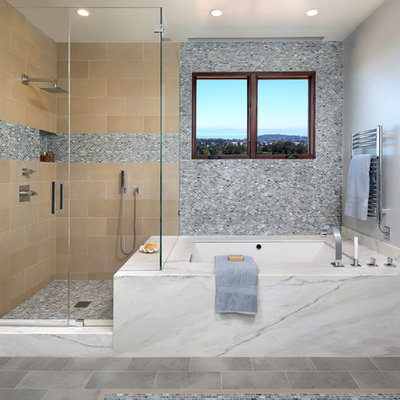 Inspiration for a large contemporary master beige tile, multicolored tile and mosaic tile porcelain tile and gray floor corner shower remodel in San Francisco with an undermount tub, gray walls and a hinged shower door