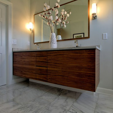 Contemporary Walnut Vanity, Wall Hung with White Macaubas Quartzite Counter