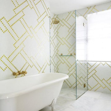 Contemporary white and gold bathroom with patterned mosaic tiles