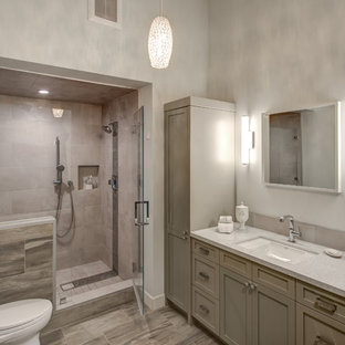 Inspiration for a large contemporary master porcelain tile porcelain tile bathroom remodel in San Francisco with an undermount sink, shaker cabinets, gray cabinets, quartz countertops, a one-piece toilet and white walls