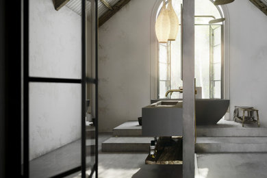 Imagen de cuarto de baño principal actual con bañera exenta, ducha doble, paredes grises, suelo de cemento, lavabo suspendido, suelo gris y ducha abierta