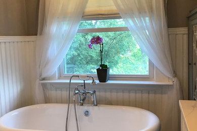 Medium sized victorian ensuite bathroom in Denver with freestanding cabinets, white cabinets, a freestanding bath, a walk-in shower, marble tiles, porcelain flooring, marble worktops, grey floors, an open shower and white worktops.