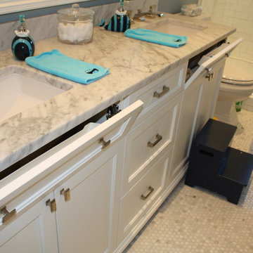 Cool kid's bathroom vanities with tip-outs for toothbrushes!