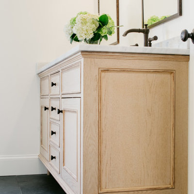 Bathroom - mid-sized traditional master white tile and stone tile slate floor bathroom idea in New York with beaded inset cabinets, distressed cabinets, a one-piece toilet, white walls, an undermount sink and marble countertops
