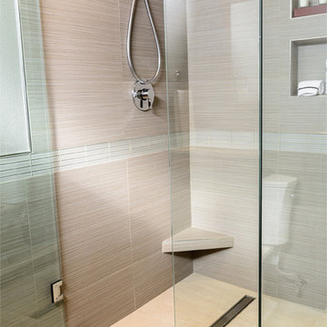 Corner Shower with Glass Door in Contemporary Bathroom Remodel