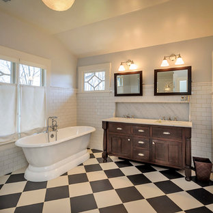 Bathroom - large craftsman master white tile and subway tile multicolored floor bathroom idea in San Francisco with an undermount sink, furniture-like cabinets, dark wood cabinets, gray walls and marble countertops