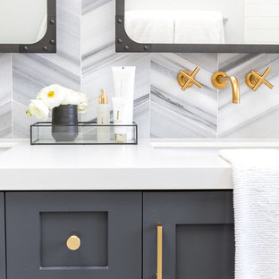 Bathroom - large farmhouse master gray tile and ceramic tile white floor bathroom idea in Los Angeles with recessed-panel cabinets, gray cabinets and white walls