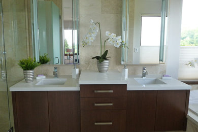 Small trendy master beige tile bathroom photo in Vancouver with an undermount sink, flat-panel cabinets, dark wood cabinets, quartz countertops and white walls