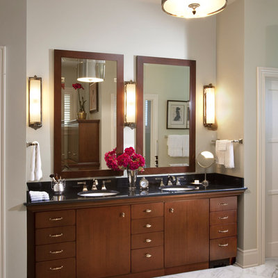 Example of a large classic master white tile white floor and marble floor bathroom design in Milwaukee with an undermount sink, flat-panel cabinets, dark wood cabinets, granite countertops and gray walls