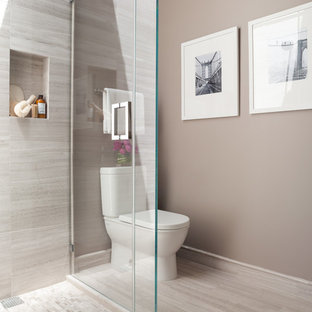 Trendy gray tile alcove shower photo in San Francisco with a two-piece toilet