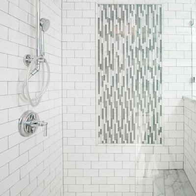Small arts and crafts multicolored tile doorless shower photo in Other with white cabinets and gray walls