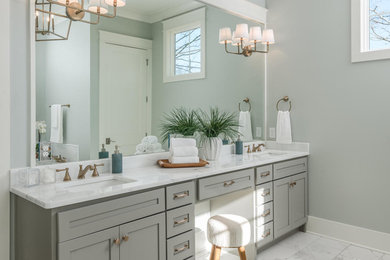 Large elegant master bathroom photo in Nashville with shaker cabinets, gray cabinets and quartzite countertops