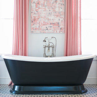 Inspiration for a large traditional master bathroom in Charleston with shaker cabinets, grey cabinets, a freestanding tub, black and white tile, mosaic tile, white walls, marble floors and an undermount sink.