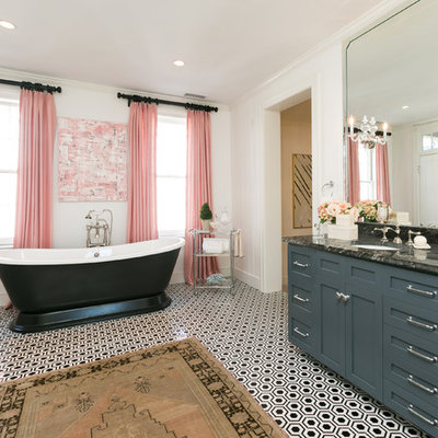 Inspiration for a large timeless master black and white tile and mosaic tile marble floor bathroom remodel in Charleston with shaker cabinets, gray cabinets, a two-piece toilet, white walls and an undermount sink