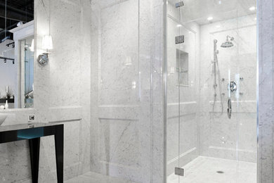 Bathroom - master stone slab bathroom idea in Montreal
