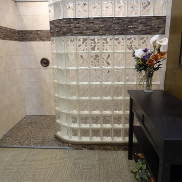 Curved glass block shower wall with ready for tile base Cleveland Ohio