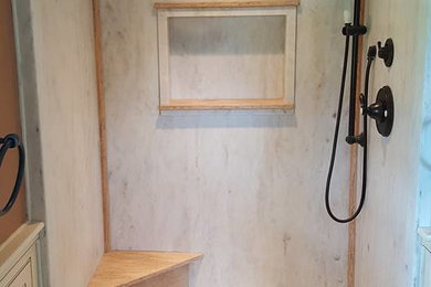 Inspiration for a mid-sized transitional 3/4 ceramic tile alcove shower remodel in Philadelphia with beige walls