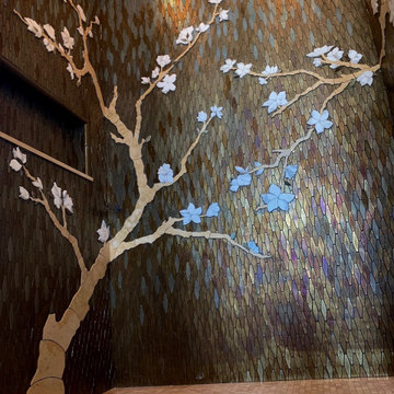 Custom glass mosaic and marble cherry tree shower