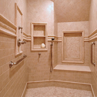 Bathroom - mid-sized traditional master beige tile and ceramic tile ceramic tile bathroom idea in Boston with flat-panel cabinets, dark wood cabinets, a one-piece toilet, beige walls, a drop-in sink and concrete countertops