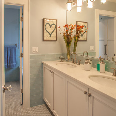 Bathroom - transitional blue tile and subway tile bathroom idea in Newark with an undermount sink, shaker cabinets, white cabinets and white countertops