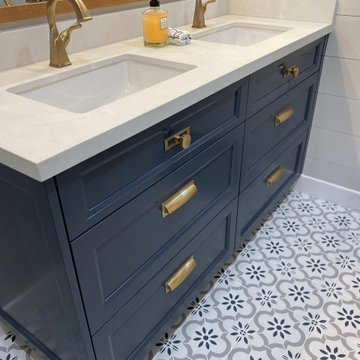 Custom Navy Blue bathroom Vanity with Brass Hardware