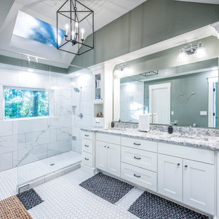 Inspiration for a large farmhouse master white tile ceramic tile and white floor bathroom remodel in Other with shaker cabinets, white cabinets, gray walls, granite countertops, an undermount sink and gray countertops