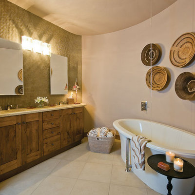 Freestanding bathtub - large contemporary master green tile ceramic tile freestanding bathtub idea in Denver with an undermount sink, shaker cabinets, medium tone wood cabinets, beige walls and quartz countertops