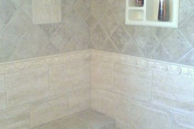 custom shower with built in seat and cubbie