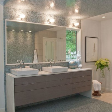 Custom Wall Hung Vanity in Gray Wash Stain and Vessel Sinks