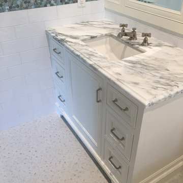 Custom white bathroom vanity and medicine cabinet mirror, transitional design