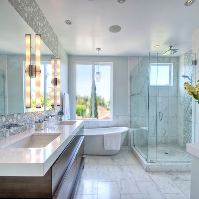 Example of a mid-sized trendy master white tile marble floor bathroom design in San Diego with an undermount sink, dark wood cabinets, quartz countertops, gray walls and flat-panel cabinets