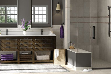Alcove shower - large contemporary master beige tile and porcelain tile porcelain tile and beige floor alcove shower idea in Phoenix with flat-panel cabinets, dark wood cabinets, gray walls, an undermount sink, solid surface countertops, a hinged shower door and white countertops