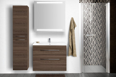 Photo of a medium sized contemporary shower room bathroom in London with brown cabinets, a walk-in shower, brown tiles, ceramic tiles, white walls, ceramic flooring, a wall-mounted sink and wooden worktops.