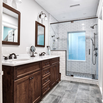 Dark Wood Vanity and Subway Tile Shower - Master Bathroom