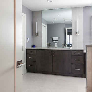 Dark Wood Vanity with Sconces