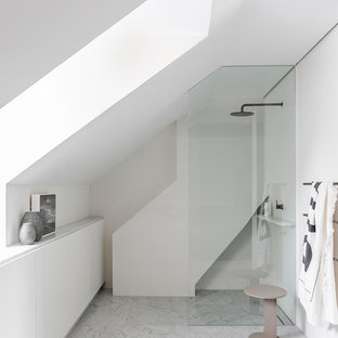 Inspiration for a modern bathroom in Sydney with a curbless shower, white walls, marble floors, white floor and an open shower.