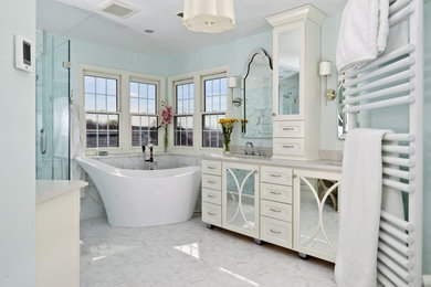 Bathroom - large transitional master white tile marble floor bathroom idea in DC Metro with white cabinets and blue walls