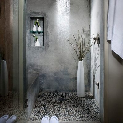 Urban gray tile pebble tile floor alcove shower photo in San Francisco with gray walls