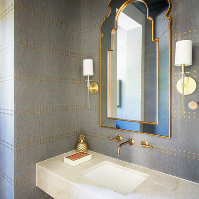 Example of a transitional bathroom design in Dallas with gray walls, an undermount sink and beige countertops
