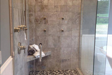 Example of a large transitional master bathroom design in Other with gray walls and a hinged shower door