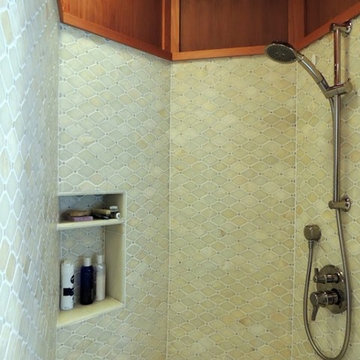 Detail of new Master Bath shower: diamond-shaped onyx tile