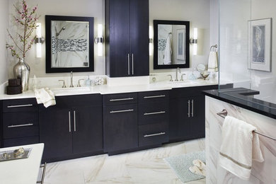 Bathroom - large contemporary master white tile and stone tile marble floor bathroom idea in San Francisco with an undermount sink, flat-panel cabinets, black cabinets, quartz countertops and gray walls