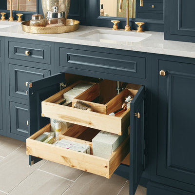 Freestanding bathtub - large traditional master freestanding bathtub idea in Other with blue cabinets and white countertops