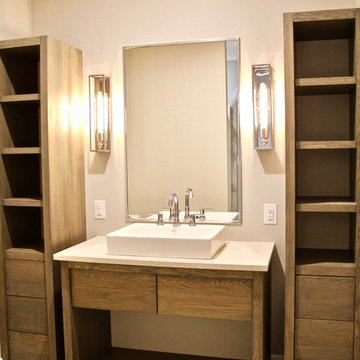 Distressed bathroom vanity and shelves