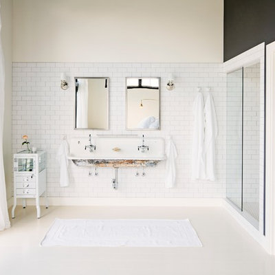 Bathroom - industrial white tile and subway tile bathroom idea in Portland with a trough sink and multicolored walls