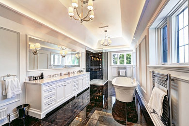 Inspiration for a large contemporary master marble floor bathroom remodel in Montreal with shaker cabinets, white cabinets, a two-piece toilet, white walls, an undermount sink and quartz countertops