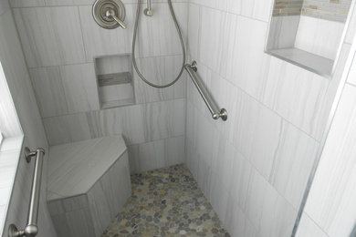 Doorless shower - modern gray tile and stone tile doorless shower idea in Kansas City